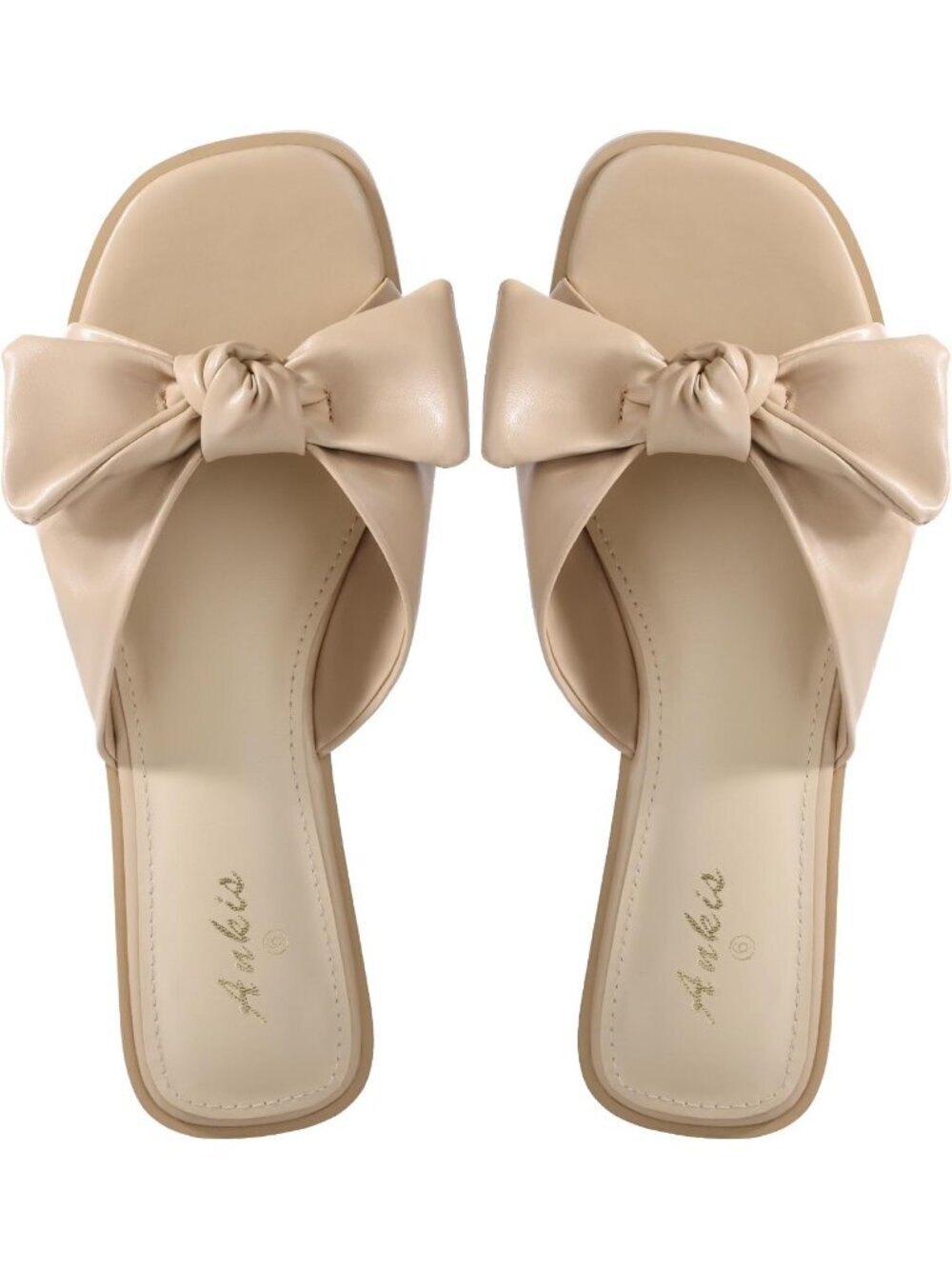 Women's Nude Bow Flat Square Open Toe Comfortable Slip On Slide Shoes Slippers